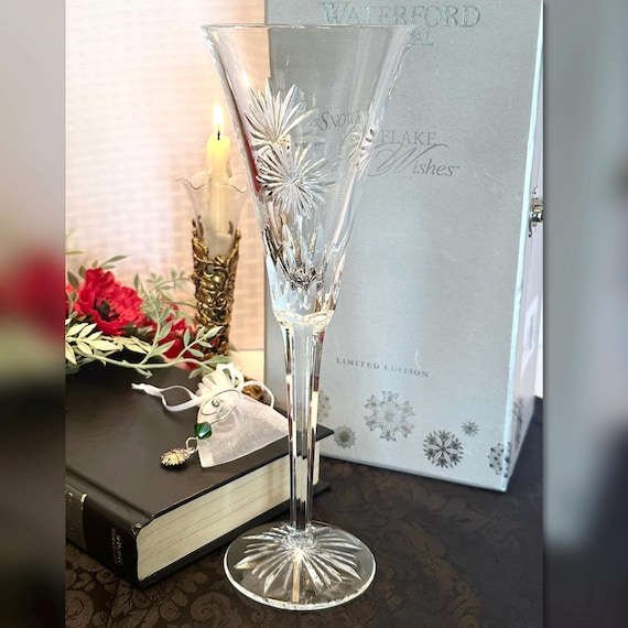 Waterford Crystal Snowflake Champagne Flute / Waterford Snowflake Courage Clear Champagne / Waterford Snowflake Flute W/ Charm & Box - 1
