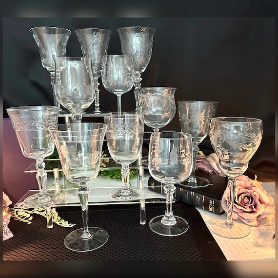 Vintage Etched Wine Glasses Set of 12 Elegant Clear Stemware