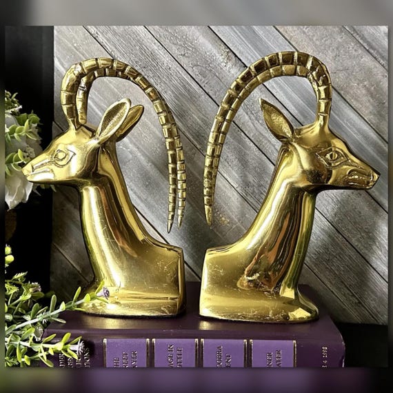 Brass Ibex Book Ends / Vintage Brass Gazelle Bookends / Vintage Solid Brass Elk Book Ends / Vintage Brass Deer Book Holders / Brass Bookends