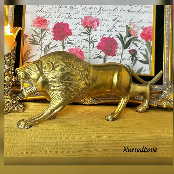 Brass Lion Statue / Solid Brass Lion Figurine / Roaring Lion Statue / African Lion Statue / Brass Polished 13" Lion / Decorative Statue