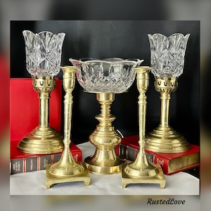 Vintage Brass Candlestick Set / Brass Candle Holders / Brass and Glass Candle Holders / Gold Centerpiece  Candle Holders /  Table Decoration