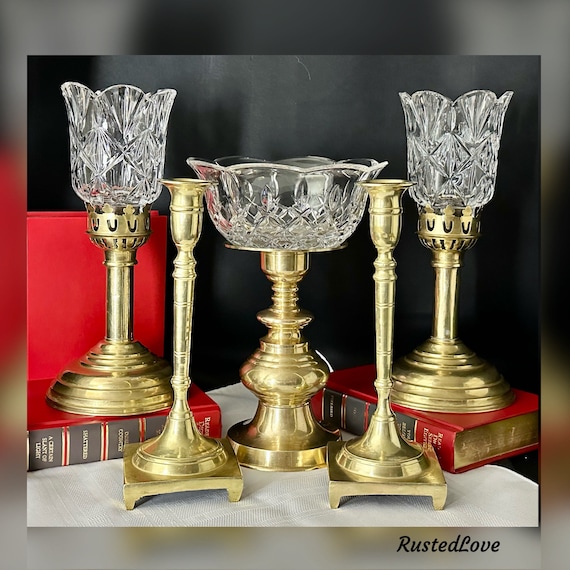 Vintage Brass Candlestick Set / Brass Candle Holders / Brass and Glass Candle Holders / Gold Centerpiece  Candle Holders /  Table Decoration