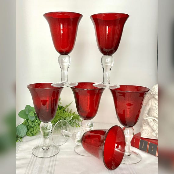 Red Bubble Water Glasses / Sonoma Blown Ruby Red Bowl Glasses / Blown Bubble Red & Clear Stem Water Glasses / Red Blown Bubble Wine Glasses
