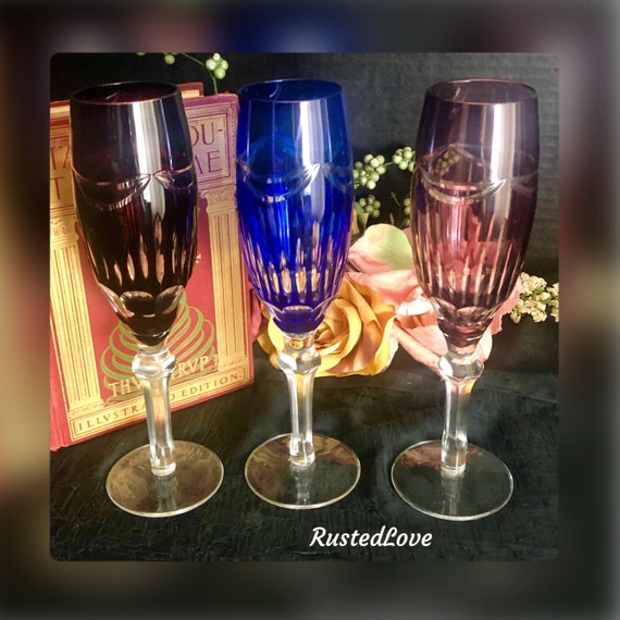Vintage Bohemian Champagne Glasses / Cut to ClearChampagne Flutes / Colored Toasting Champagne Flutes / Bohemian Champagne Flutes - 3 Pc