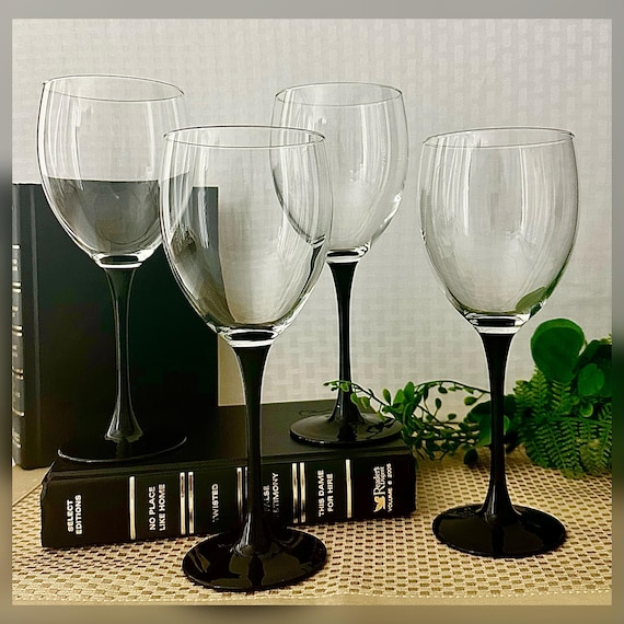 Domino Signature Black Water Glasses / Cristal D’Arques-Durand France Water Glasses / Vintage Black Stem Water Glasses / Made in France  - 4