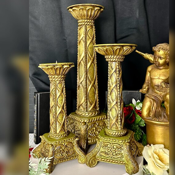 Vintage John Richards Candle Holders / Gold Set Candlesticks / Vintage Resin Candle Holders / John Richards Candlestick Holders / 3 Candles