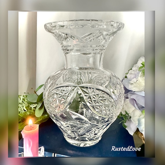 Crystal Cut Vase / Bohemian Vintage Clear Glass Vase / Decorative Thick Crystal Flower Vase / Cut Crystal Bohemian Styled Vase / Clear Vase