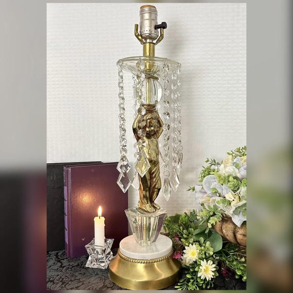 Vintage Hollywood Regency Cherub Table Lamp Gilt Gold Marble Hanging Crystals