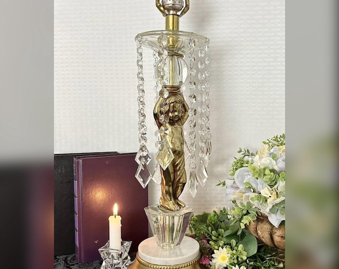 Vintage Hollywood Regency Cherub Table Lamp Gilt Gold Marble Hanging Crystals