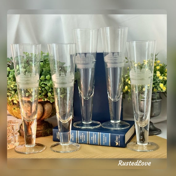 Pilsner Beer Clipper Glasses by Toscany / Vintage Barware Beer Glasses / Etched Ship Beer Pilsner Glasses / Toscany Clipper Beer Glasses - 5