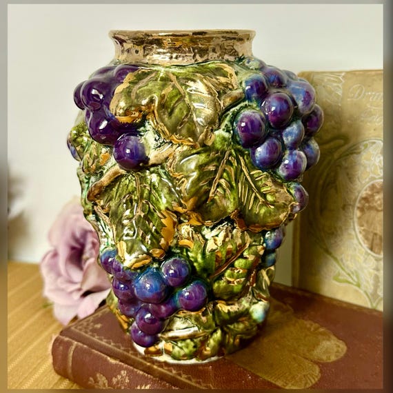 Garland Ceramics Vase 1955 Grapes Leaves Gold Accents Vintage Pottery
