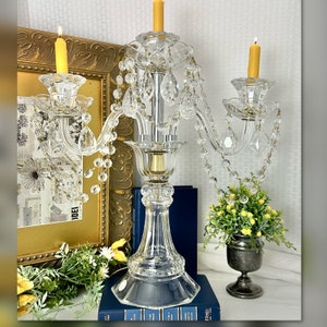 Candelabra Crystal Clear Industries / Upcycled Crystal Candelabra with Hanging Crystals / Gold & Silver Candle Holder / Crystal Candelabra