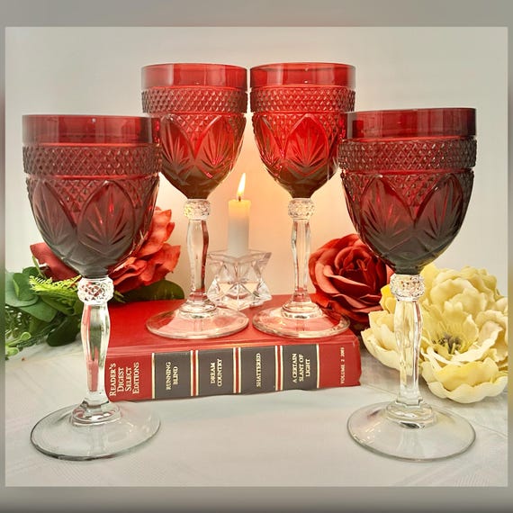 Cristal d'Arques Durand Antique Ruby Water Goblets Vintage Set of 4 Glasses