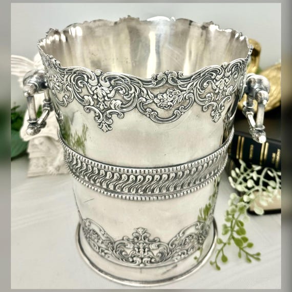 Antique Wilcox Silver Plate Champagne Wine Cooler, Victorian Repousse Ice Bucket, Ornate Handled Barware
