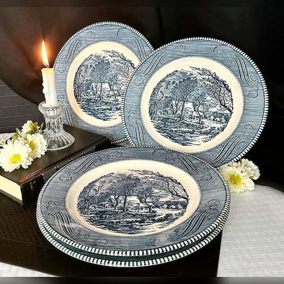 Currier & Ives Dinner Plates /  Blue and White Currier and Ives Dinner Plates by Royal / Vintage Currier and Ives Old Grist Dinner Plates 4