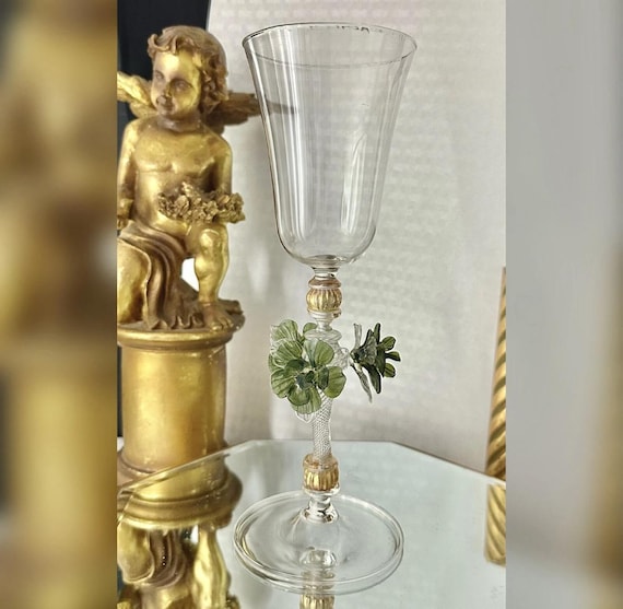 Murano Wine Glass Floral Decor / Venetian Hand Blown Wine Glass / Clear, Gold & Green Floral Tipetto Glass / Vintage Hand Crafted Wine Glass