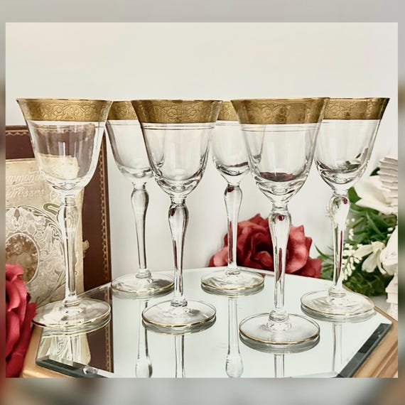 Vintage Gold Rim Wine Glasses Set of 6 Elegant Stemware Replacement Glasses