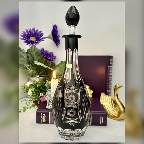 Elegant Bohemian Amethyst Cut to Clear Crystal Decanter 12.5" with Stopper