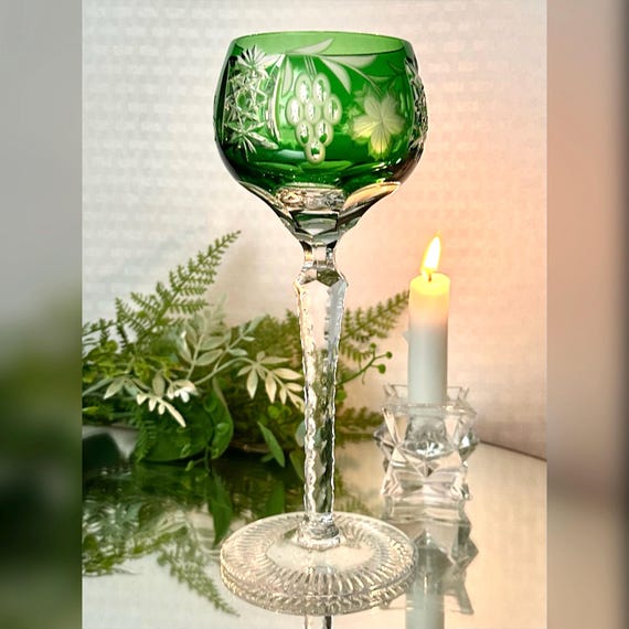 Ajka Marsala Green Water Glass / Ajka Vintage Green Cut to Clear Water Goblet / Marsala Ajka Green 8.5" Water Glass /