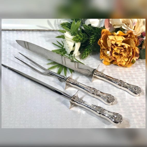 Vintage Sterling Silver Carving Set 3 Piece Knife Fork Sharpener Shell Pattern