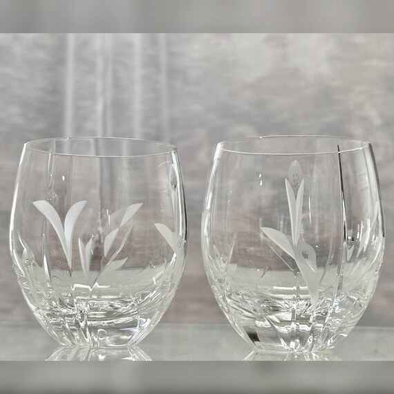 Mikasa Calla Lily Double Old Fashioned Glasses / Vintage Mikasa Whiskey Glasses / Barrel Shaped Calla Lilly Old Fashioned Glasses - 2