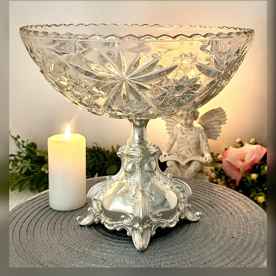 Sterling Silver Ben Yehuda Hazorfim Base / Footed Compote Centerpiece Glass Bowl / Sterling and Glass Fruit Bowl / Hazofim Sterling Silver