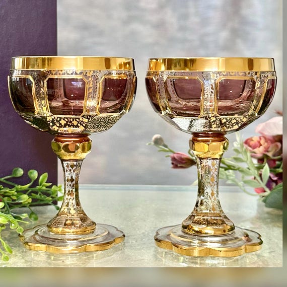 Steiner & Vogel Champagne Amethyst with Gold / Antique Moser Styled Champagne Coupes / 1920's Art Deco Moser Cabochon Paneled Glasses