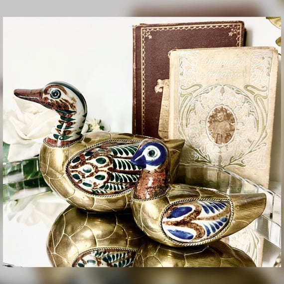 Tonala Mexico Duck Figurines Pair Hand Painted Brass Ceramic Ducks