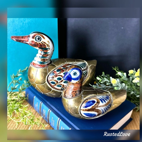 Vintage Ducks / Mexican Brass and Ceramic Ducks / Tonala Mexican Sculpture / Folk Art Birds / Mexican Brass Ducks / Vintage Pottery Statues