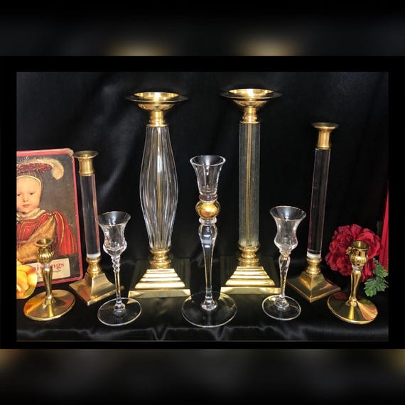 Brass Candle Holders / Lucite, Glass & Brass Candlesticks / Tall Centerpiece Candle Holders / Gold and Clear Centerpiece Candle Holders