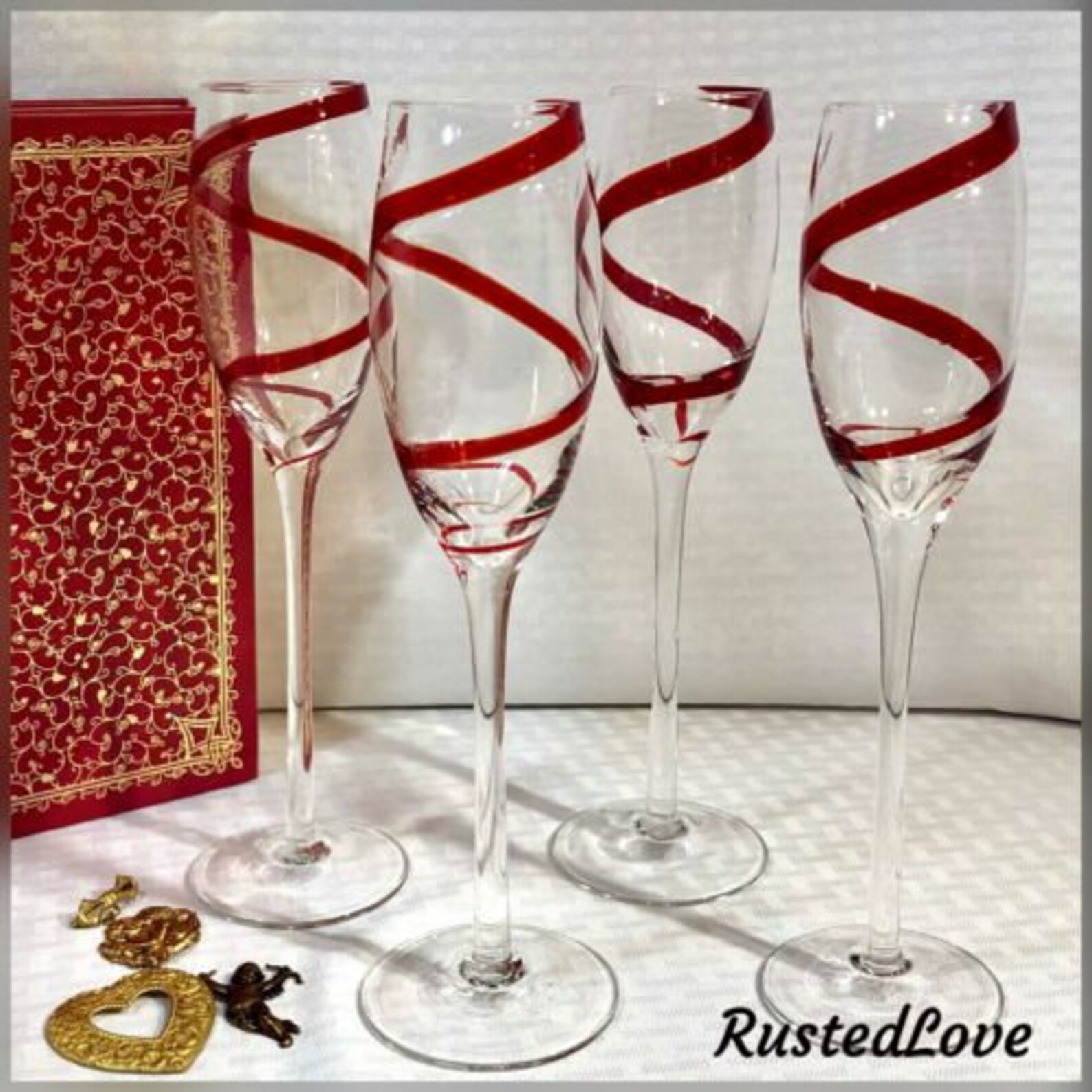 Pier 1 Red Swirline Champagne Flutes Deep Red Ribbon Hand Etsy