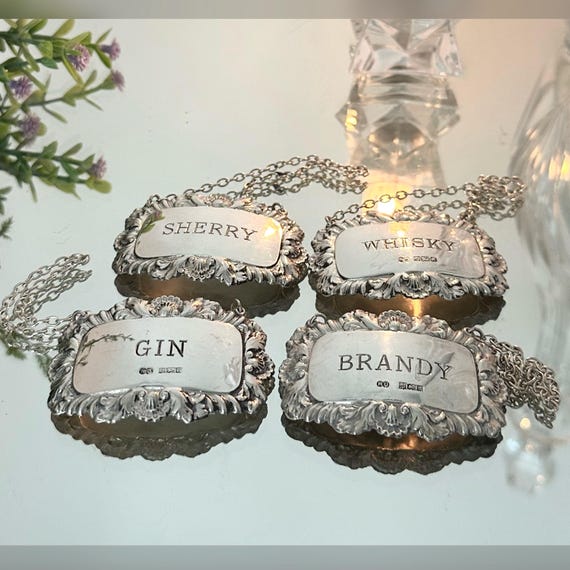 English Sterling Silver Decanter Labels / Sterling Birmingham 1961 Barware Tags / Sterling Silver Birmingham England Decanter Tags- 4 Pc Set