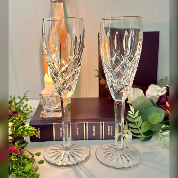 Waterford Golden Araglin Champagne Flutes / Waterford Crystal Champagne Toasting Glasses / Araglin Waterford Wedding Toasting Glasses - 2