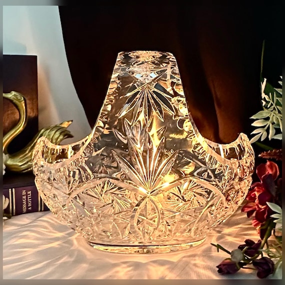 Brilliant Cut Crystal Handled Basket / Vintage Glass Centerpiece Bowl / Vintage German Cut Glass Basket Bowl / Brilliant Glass Flower Basket