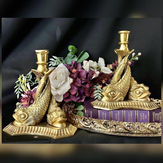 Decorative Crafts Brass Dolphin Candlesticks Pair Koi Dragon Candle Holders