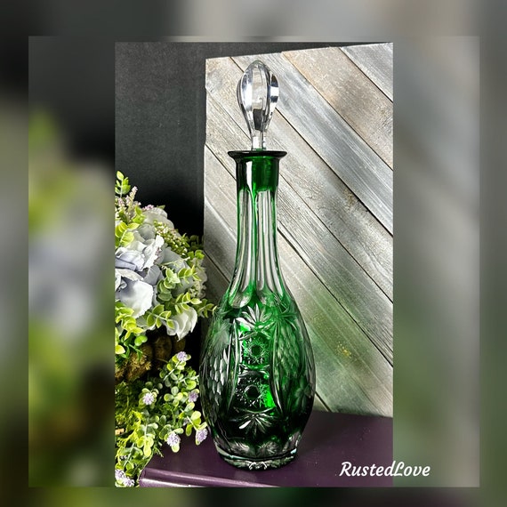Nachtmann Traube Decanter / Traube Emerald Green Cut to Clear Decanter / Nachtmann German Vintage Decanter / Green cut to Clear Decanter