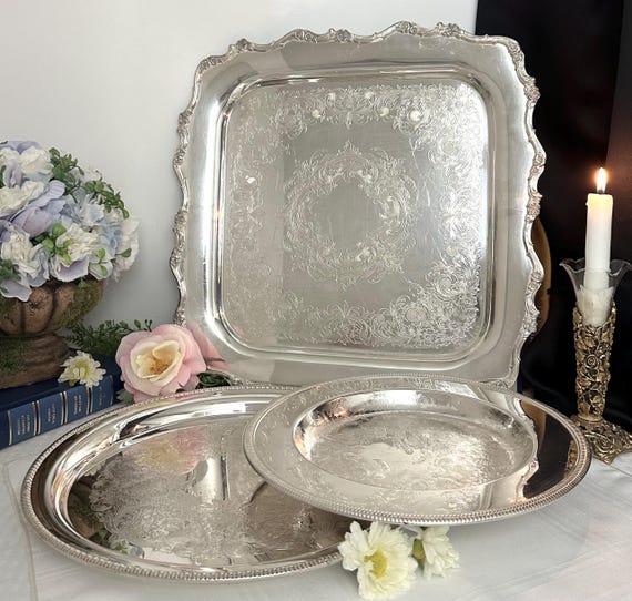 Vintage Silver Plated Serving Trays: American Rose Pattern, Mixed Sizes