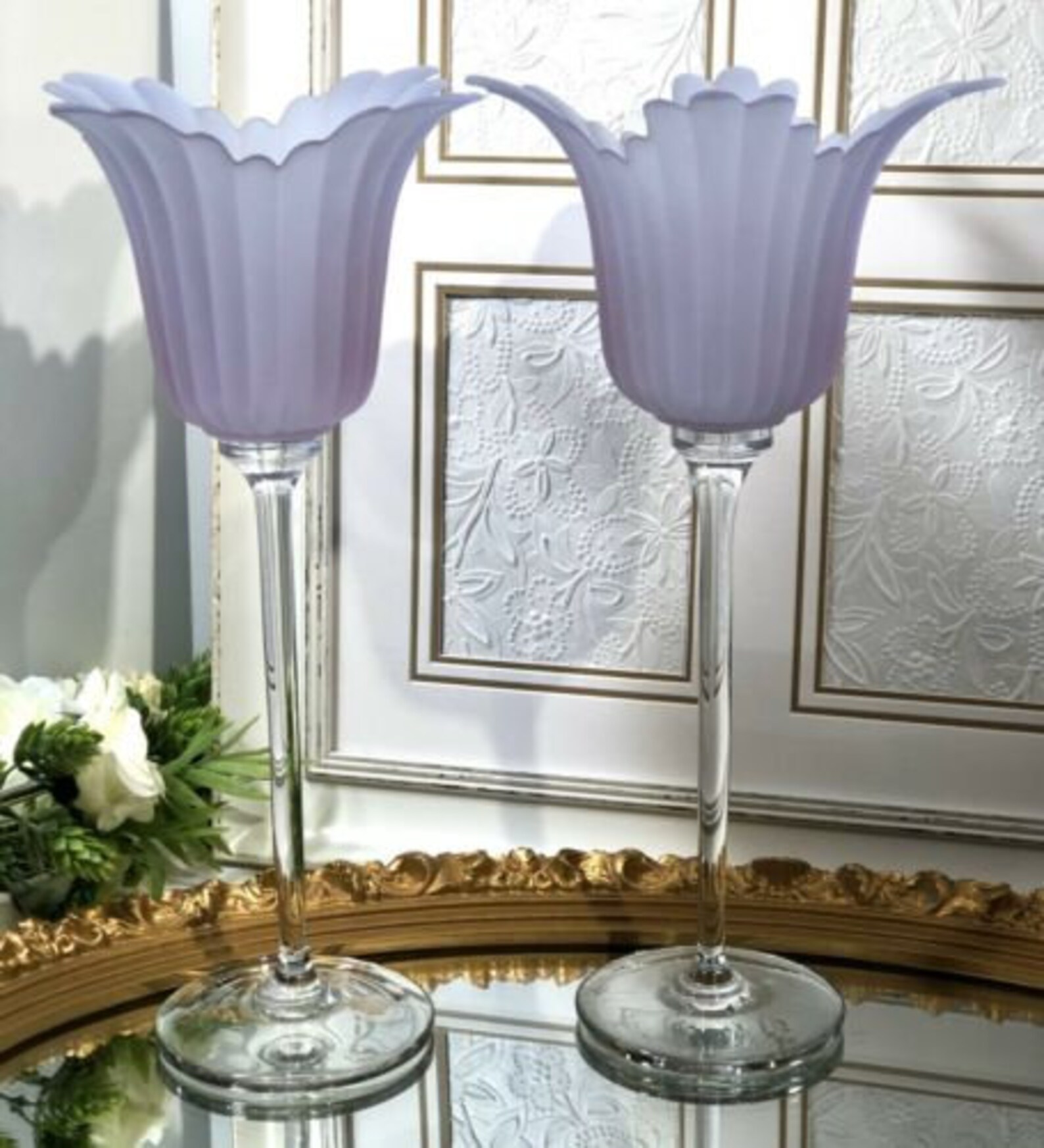 Vintage Pink Frosted Glass Flower Candle Holders/ Lavender Etsy