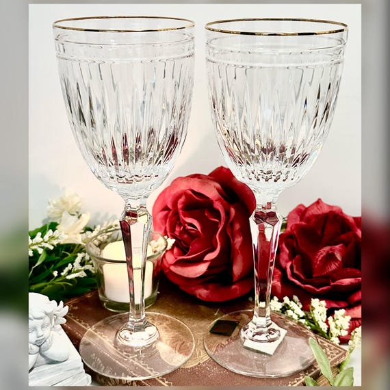 Pair Waterford Hanover Gold Water Goblets Crystal Glasses
