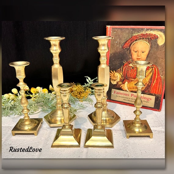English Brass Candlesticks / Vintage Taper Candle Holders / Polished Brass Candle Sticks / Brass Pair Rostand Candlesticks / Candle Set 6 *