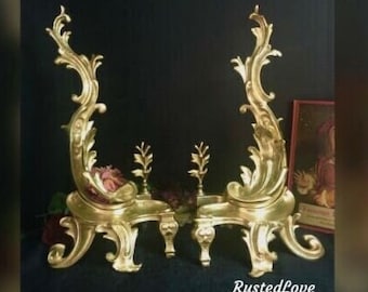 Antique Andirons Brass / Decorative Fireplace Gold / Hearth Home Decor / Vintage Fireplace Chenets / Rocco Louis XV Acanthus Leaves / French