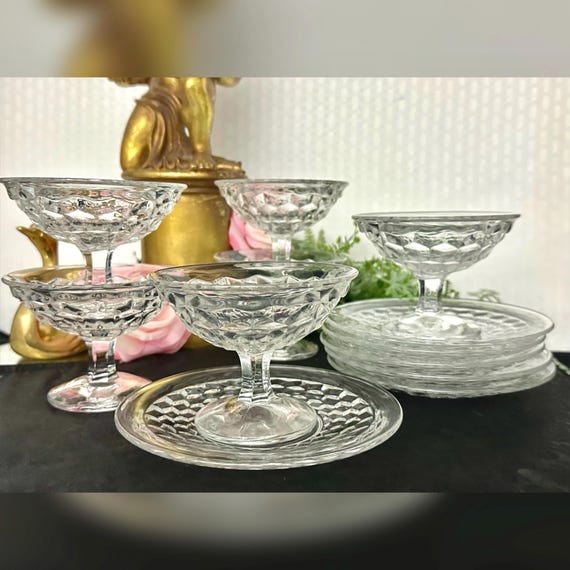 Fostoria American Clear Sherbet Cups & Saucers / Clear Vintage Fostoria American Clear Dessert Set / Fostoria Vintage Ice Crram Bowls