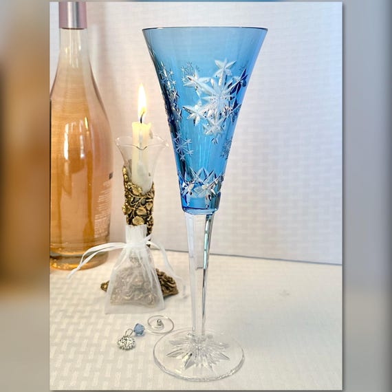 Waterford Crystal Snowflake Champagne Flute / Waterford Snowflake Goodwill Light Blue Champagne / Waterford Snowflake Flute W/ Charm & Box 1
