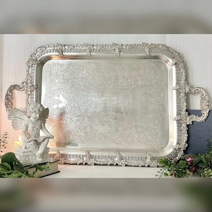 Vintage Silver Plated Sheffield Serving Tea Tray / Silver Plated Grape Decorated Service Butlers Tray / Large Silver Handled Sheffield Tray