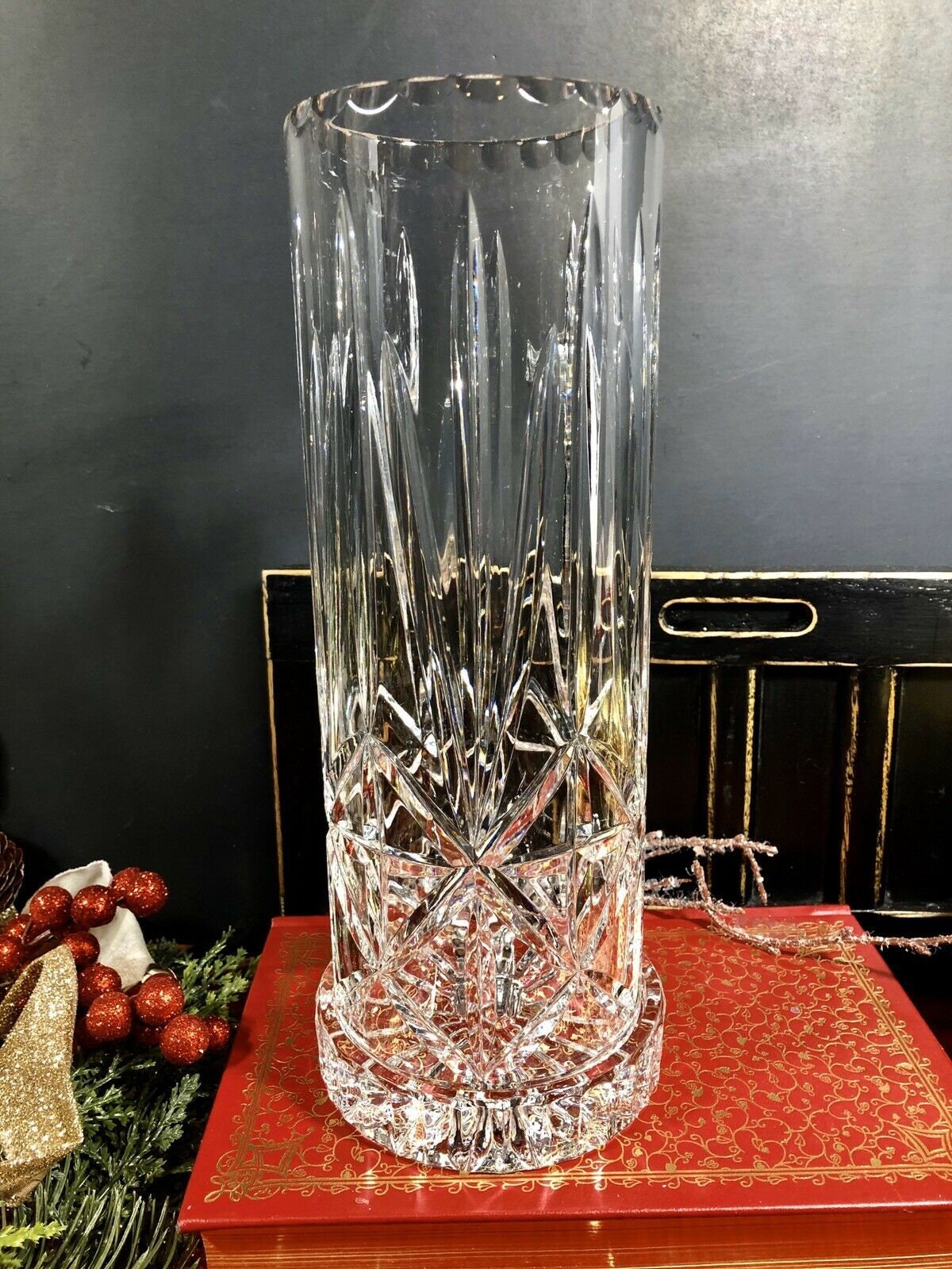 Vintage Cut Crystal Hurricane Tall with flat base Candle Holder Holiday decor