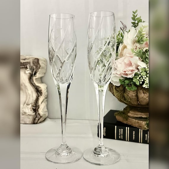 Mikasa English Garden Champagne Flutes Pair Floral Cut Stemware
