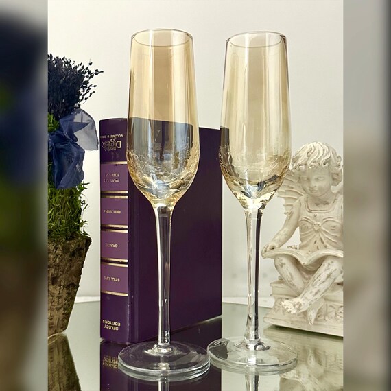 Pier 1 Amber Crackle Champagne Glasses / Amber Crackle Champagne Glasses / Pier 1 Amber Crackle Glasses / Golden Luster Toasting Flutes