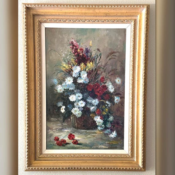 Floral Oil Painting. / Vintage Oil Painting / Signed E Janesco Original Oil Painting / Vintage Large Oil Painting / Janesco Oil Painting