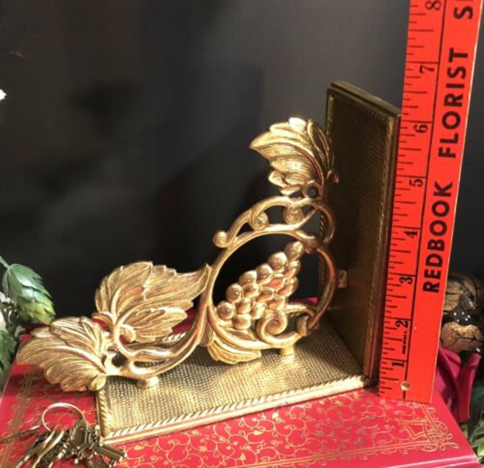 Vintage BRASS Bookend Victorian Floral Solid Leaves and Grapes Etsy