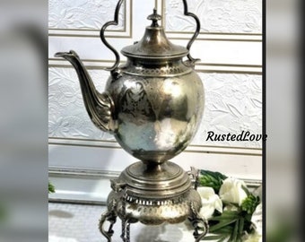 Antique Victorian Tea Kettle / Silverplated Tea Pot / Vintage Tilting Kettle / Silver Plate Tea Pot with Stand / Vintage Coffee Pot